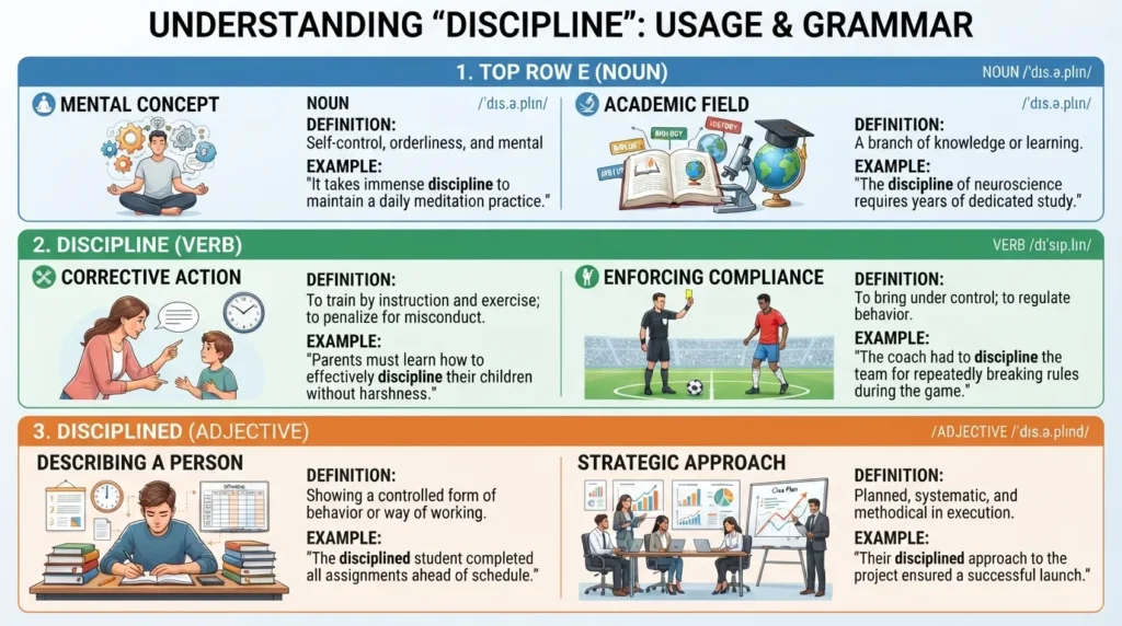 Infographic showing correct examples of using discipline as a noun, verb, and adjective in sentences
