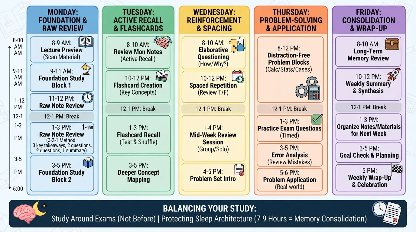 A structured weekly study schedule template displaying a 5-day routine with time blocks for active recall and spaced repetition.