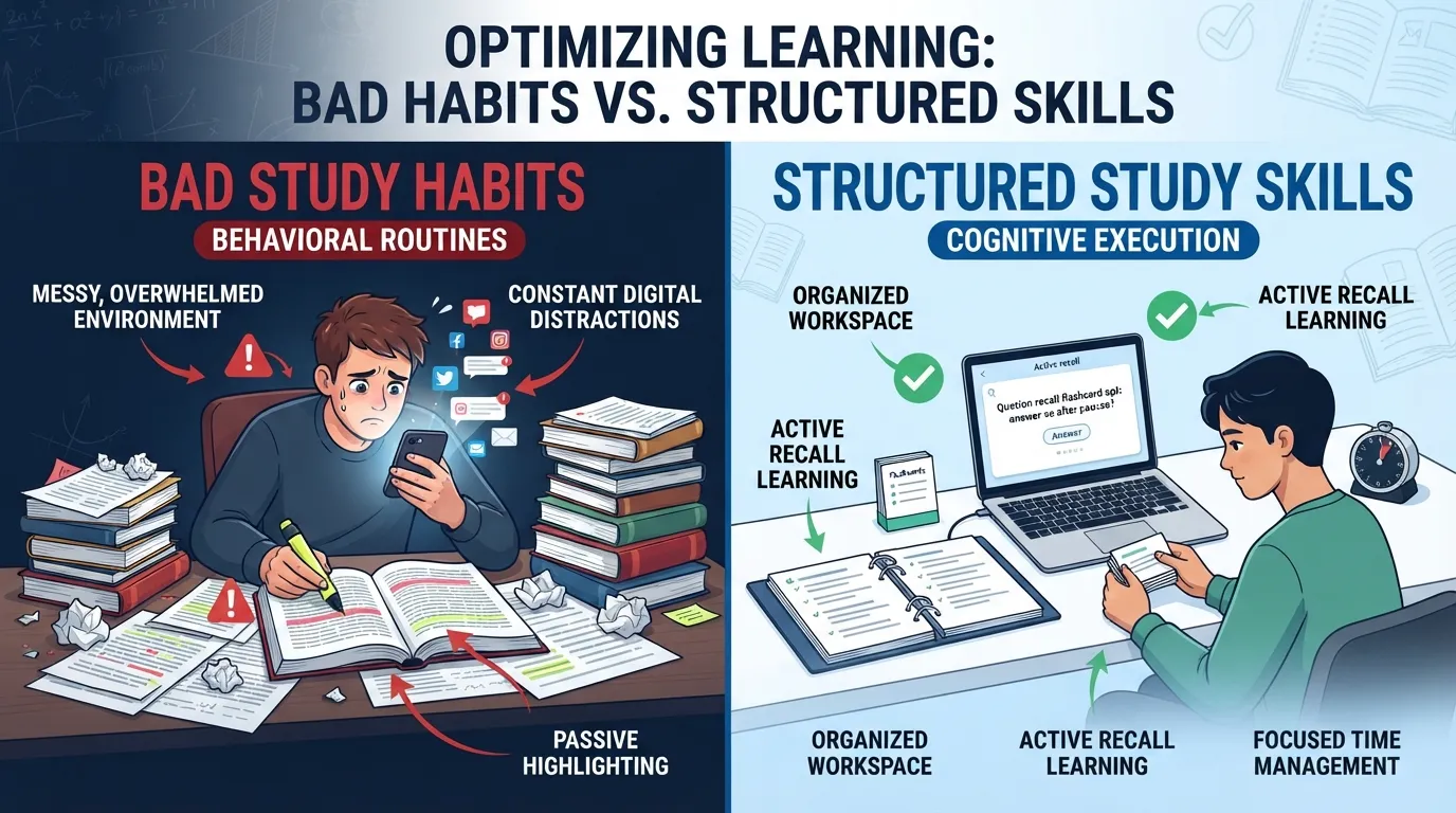 Infographic comparing bad study habits like passive reading and cramming with effective active learning techniques at a clean desk workspace.