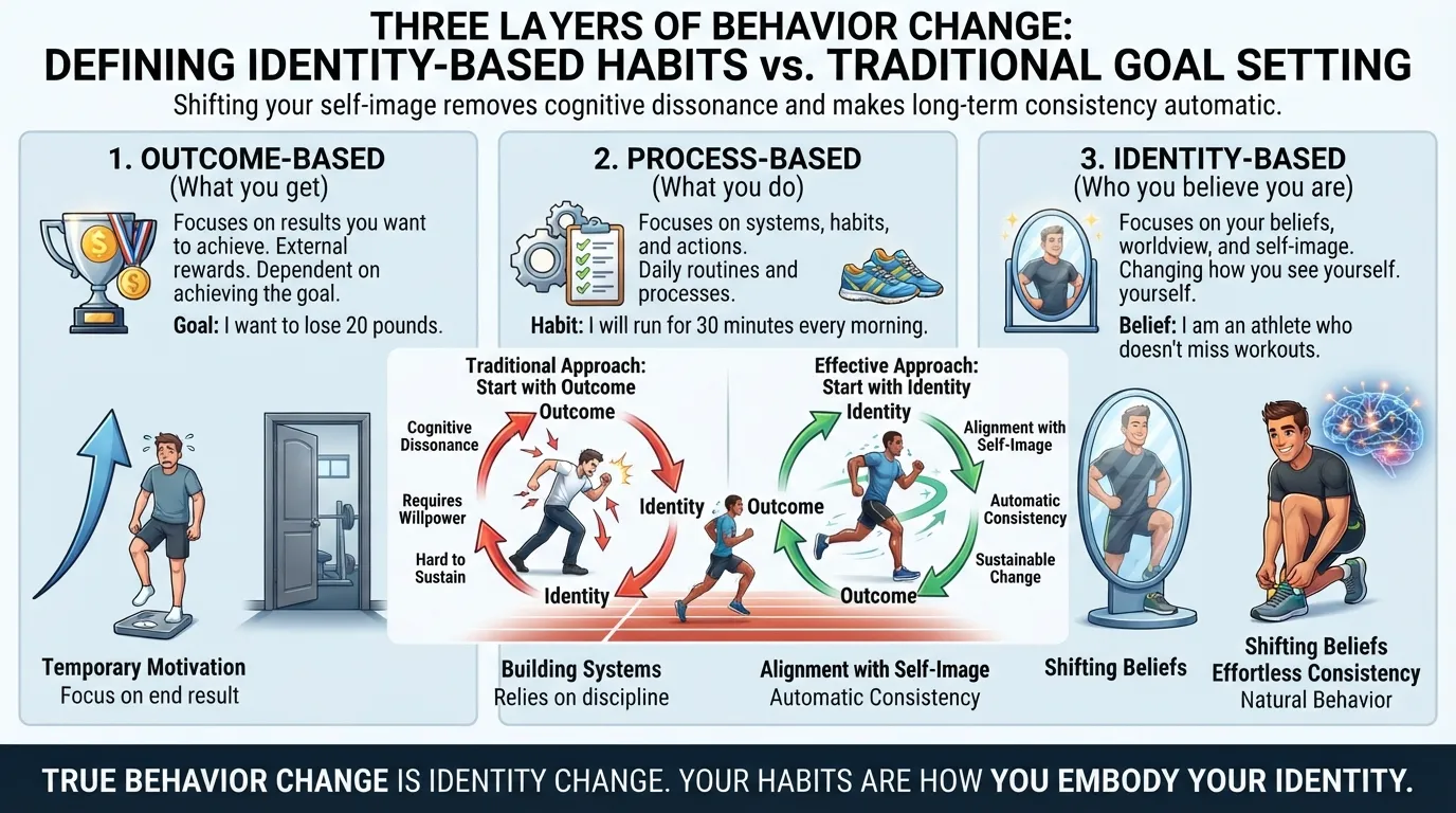 Diagram explaining identity-based habits, showing the contrast between outcome-driven goals and identity-driven self-belief systems.