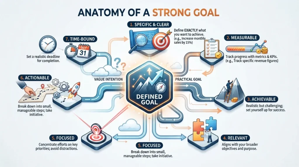 Seven key characteristics of a strong goal, including clarity, specificity, measurability, achievability, relevance, focus, and a clear deadline.