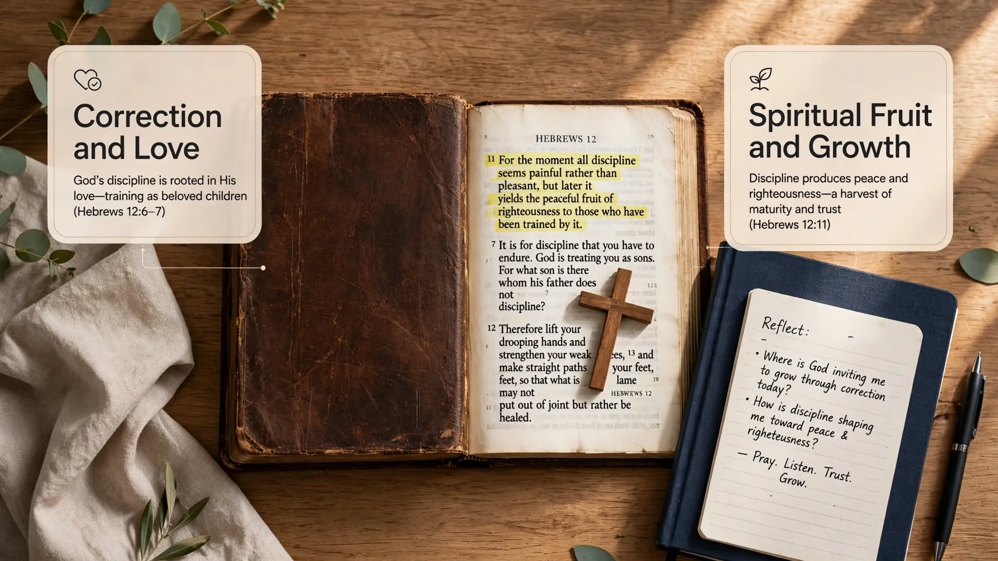 An open Bible with a highlighter and cross, representing biblical teachings on discipline, correction, and spiritual growth in Christianity.