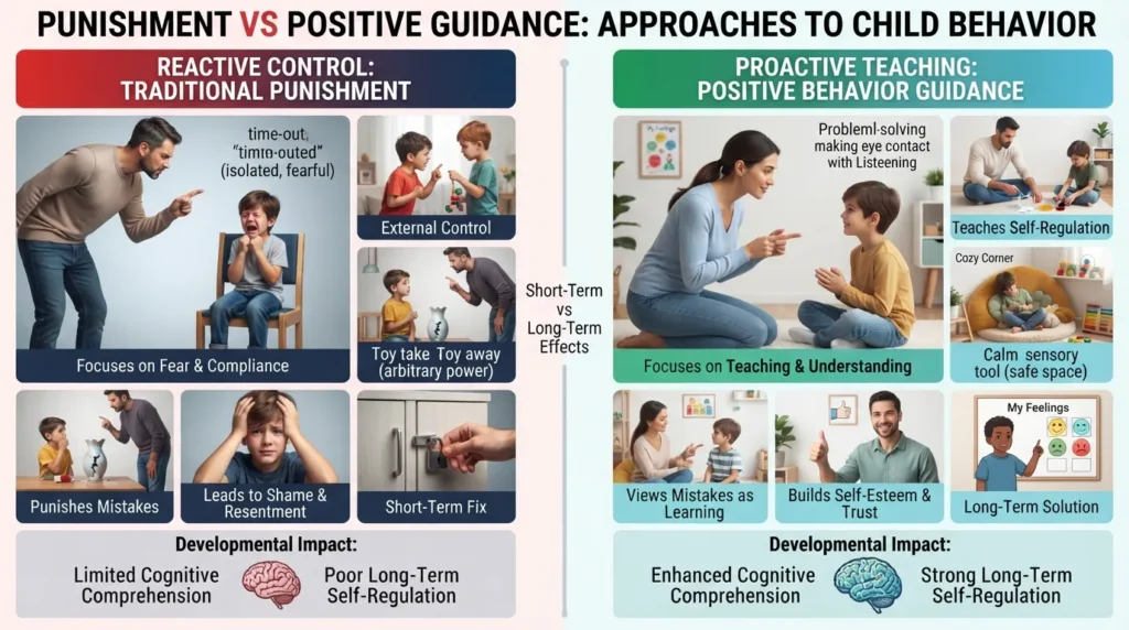 A parent calmly kneeling down to guide a toddler, illustrating that true discipline means teaching and behavior guidance rather than punishment.