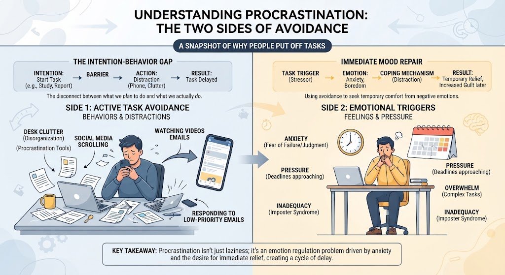 A stressed person staring at a laptop screen with a looming deadline, representing the core meaning of procrastination and task avoidance.
