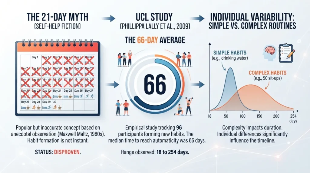 Infographic graph showing the University College London habit formation study results, comparing the 21-day myth to the 66-day scientific average and the 18 to 254-day real-world range.