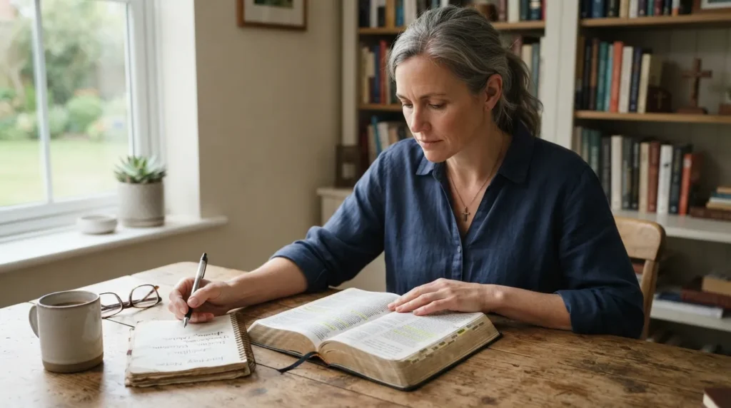 Open Bible with a person reflecting on Scripture, representing biblical discipline, spiritual growth, self-control, correction, and faithful Christian living