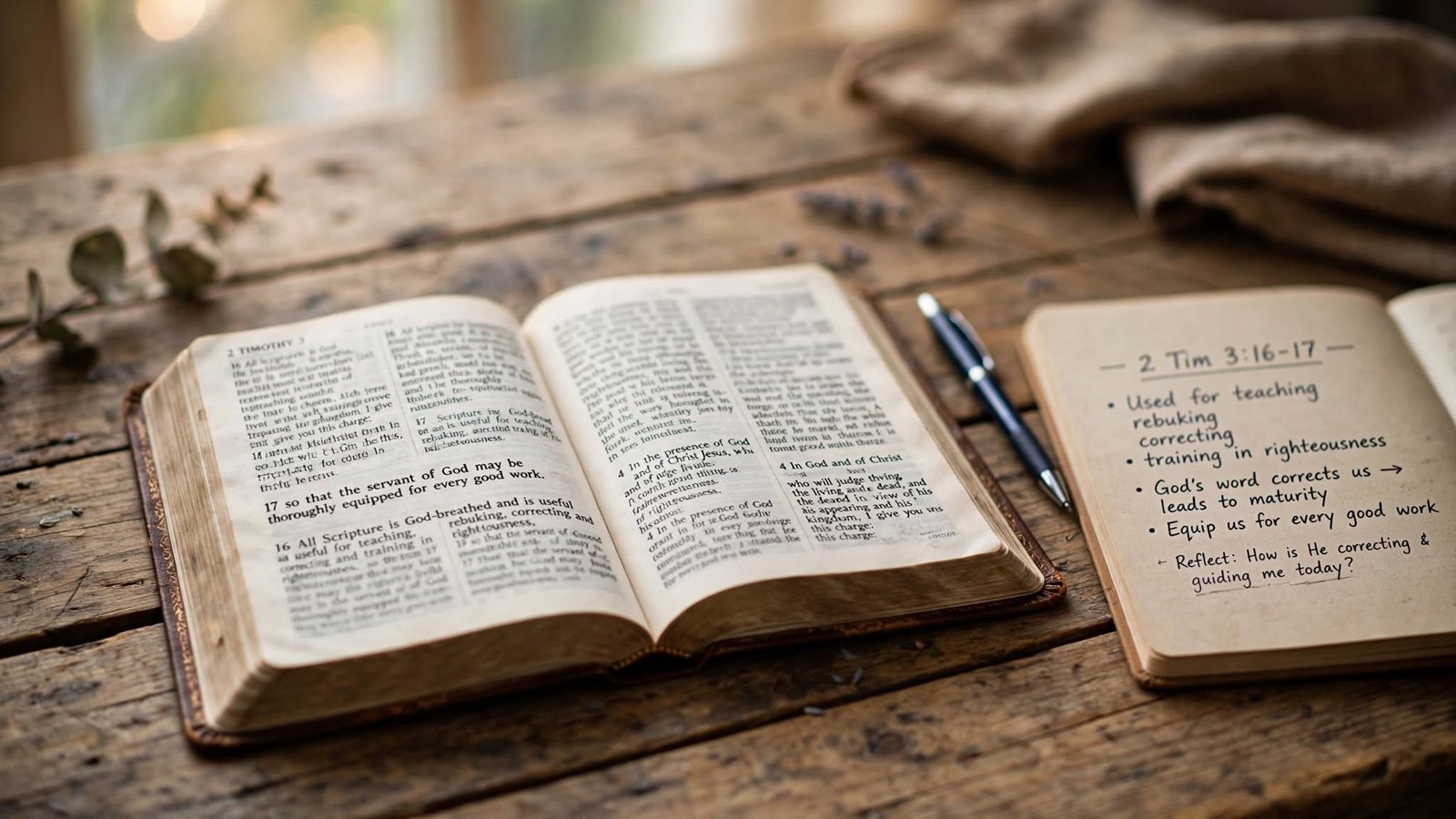 A person studying an open Bible on a wooden table, representing biblical discipline through scripture study and spiritual guidance.