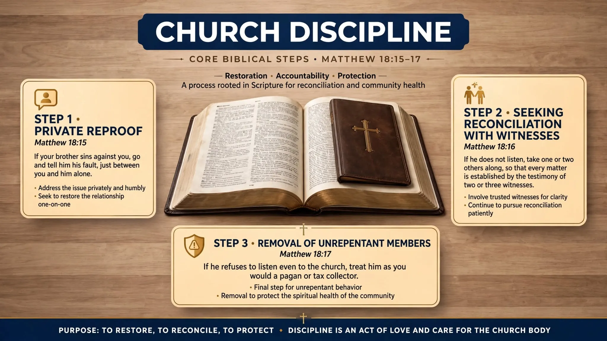 A close-up view of an open Bible resting on a wooden table, symbolizing scriptural guidance on church discipline.