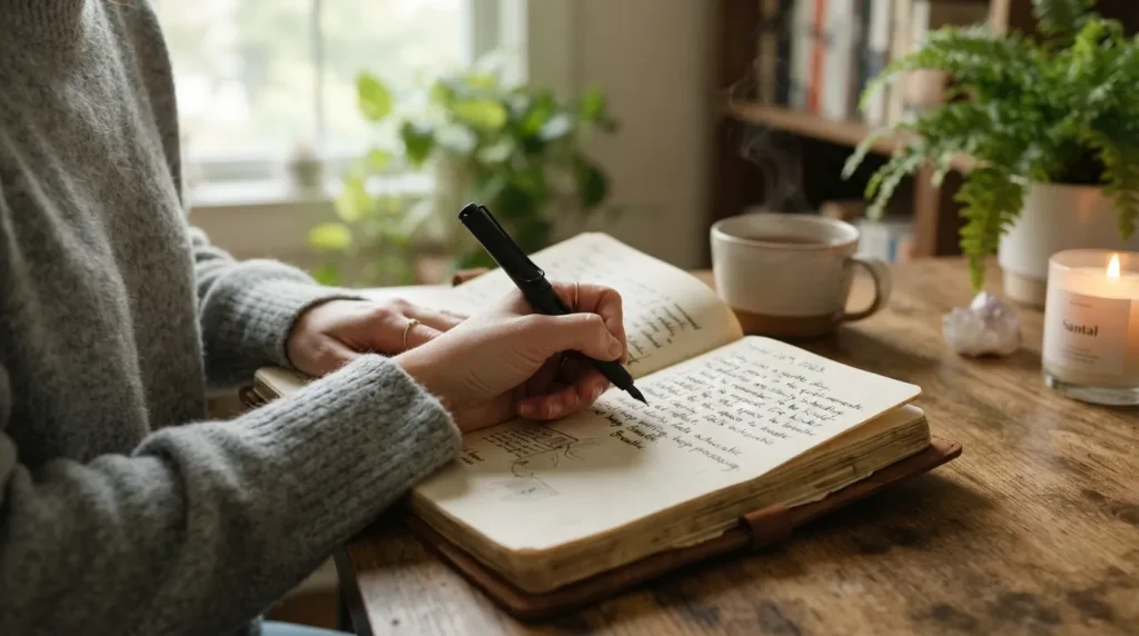 A person writing in a personal journal notebook, illustrating the concept of journal writing, reflection, and thought recording.