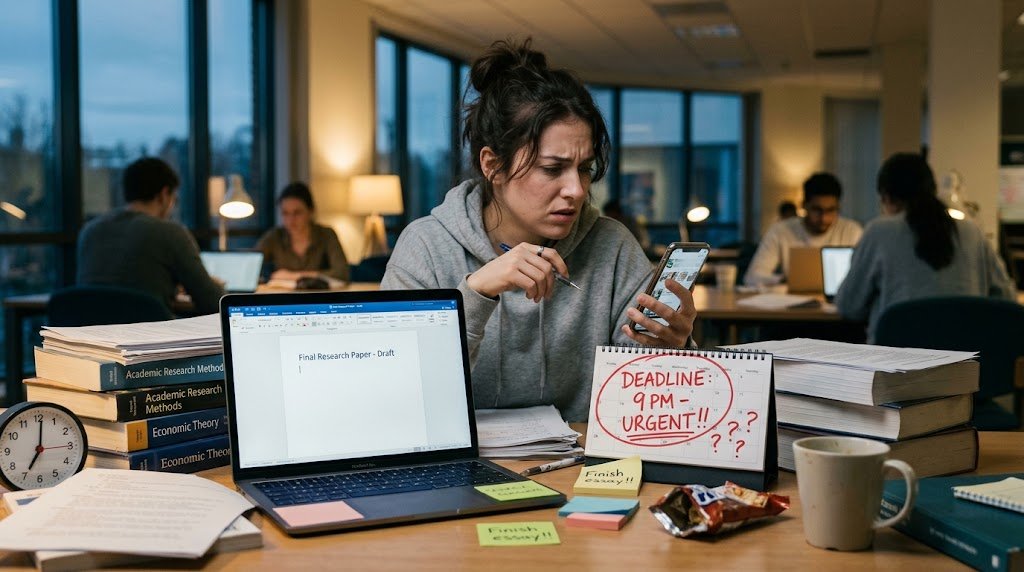 A stressed individual sitting at a desk, actively ignoring an open laptop with pending work to scroll on a smartphone, demonstrating the emotional avoidance behavior of procrastination.