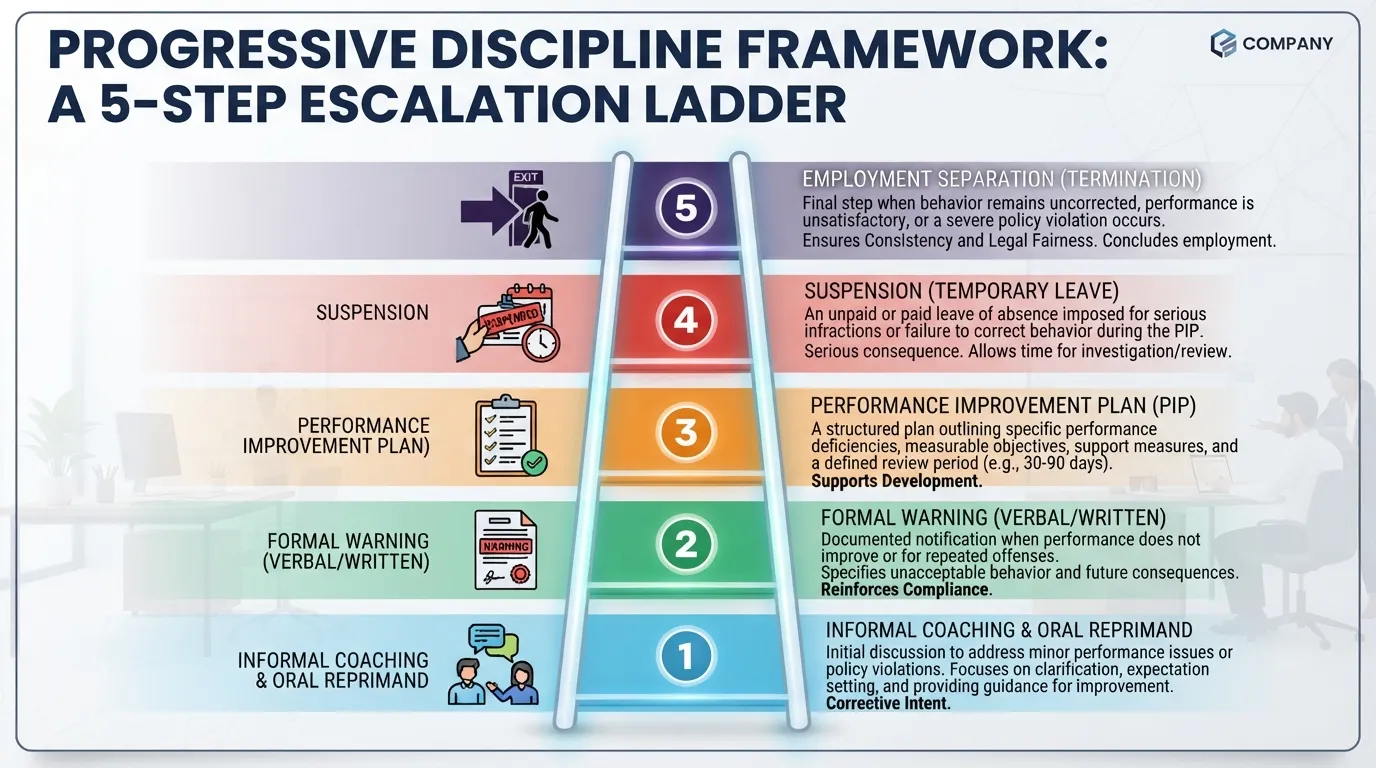 Infographic chart illustrating the steps of a progressive discipline system from informal oral reprimand to formal termination.