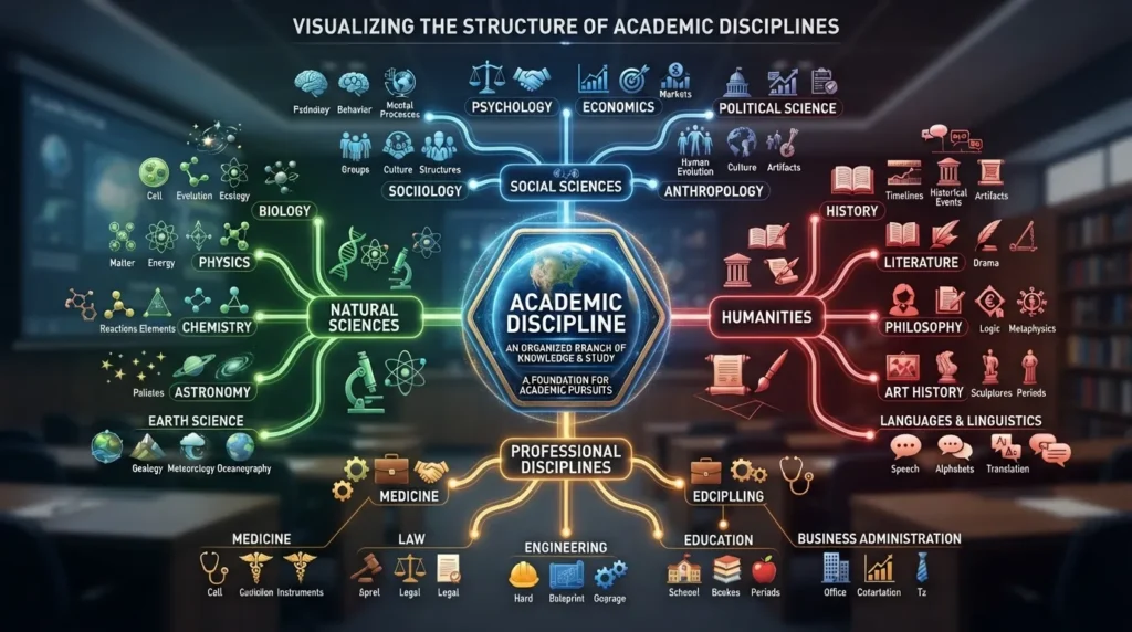 Academic discipline shown as a field of study with examples from science, humanities, social sciences, and professional fields