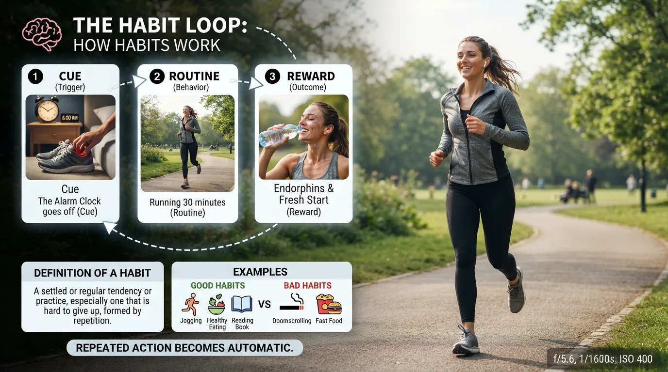 Visual explanation showing what a habit is, including repeated behavior, daily routines, habit examples, and the habit loop process from trigger to action and reward