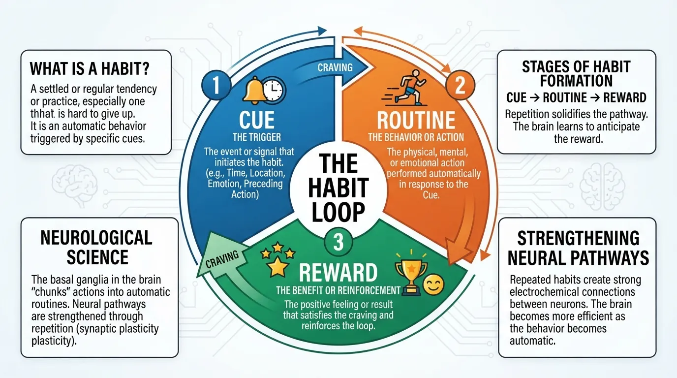 Infographic diagram illustrating the neurological habit loop of cue, routine, and reward alongside the psychological definition of a habit.