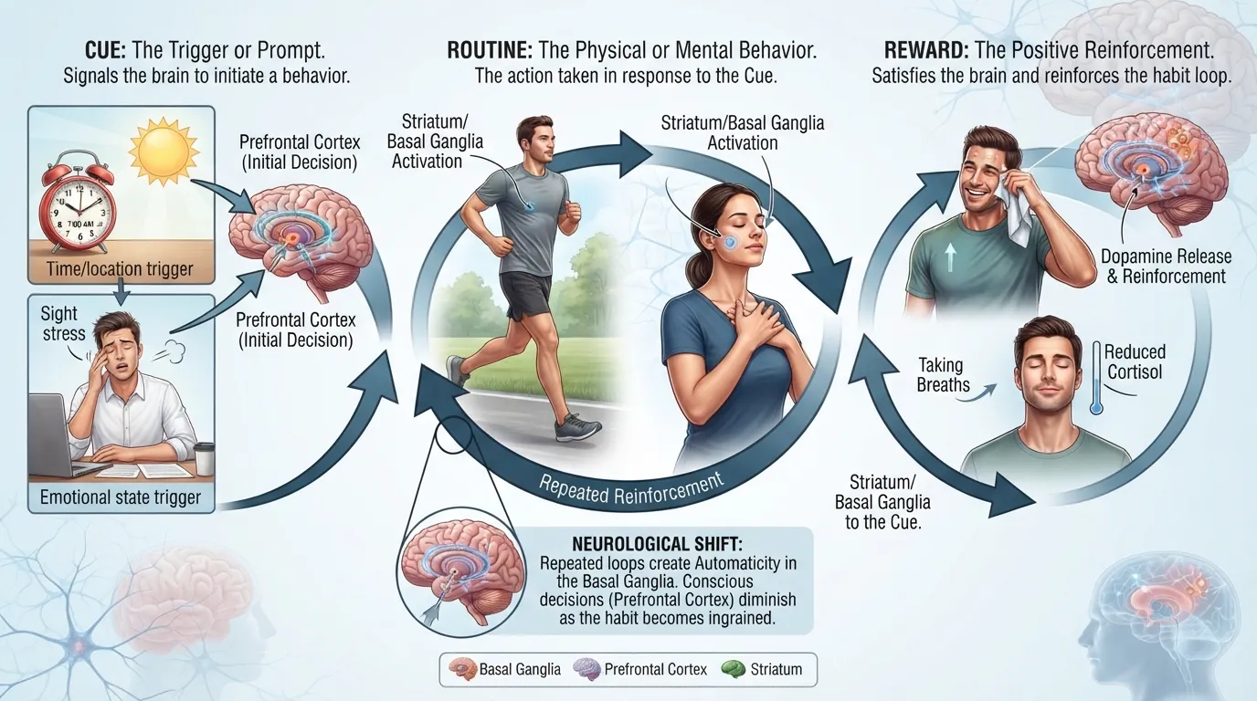 A flowchart illustrating the psychological habit loop of cue, routine, and reward inside the human brain.