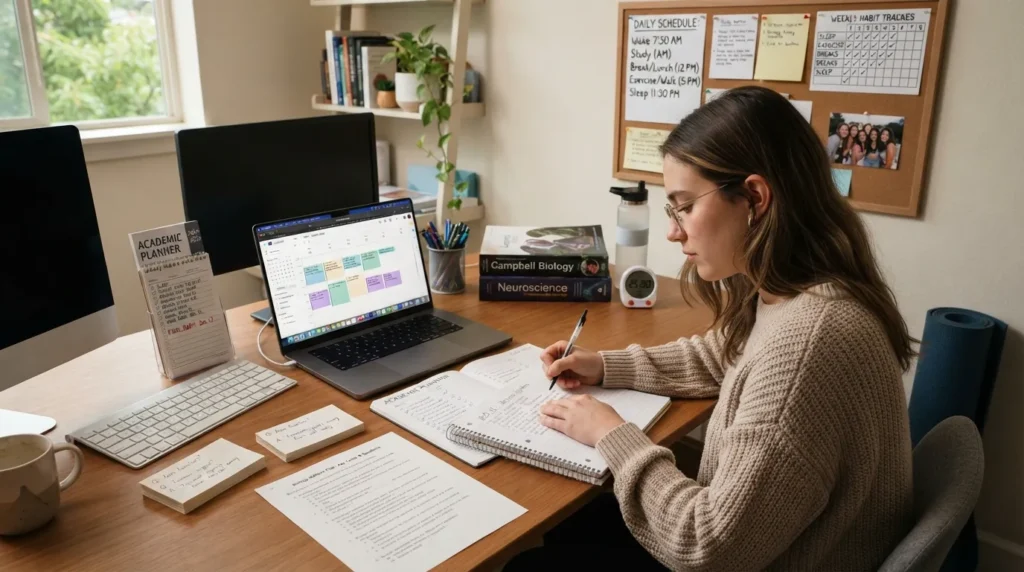Successful student using effective study habits, managing time, staying organized, studying actively, and maintaining a consistent routine