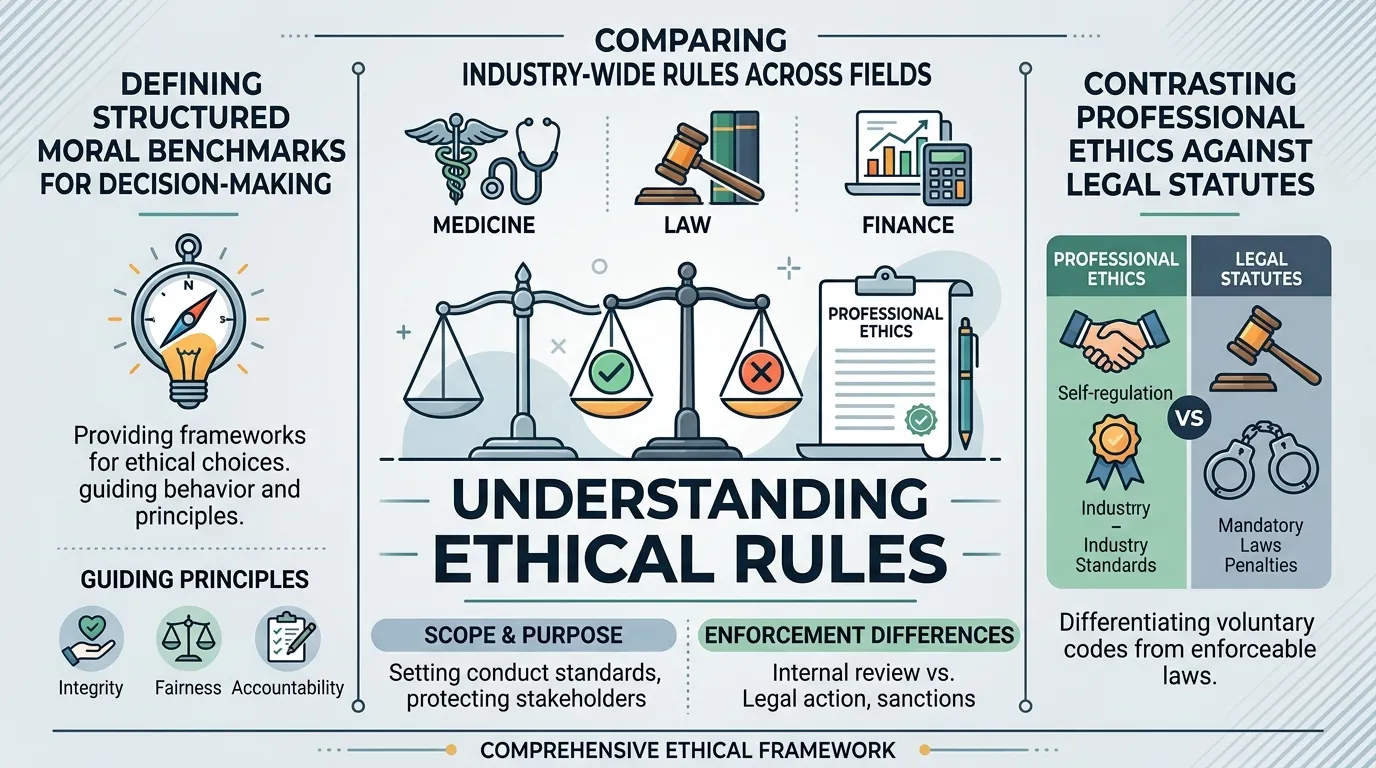 A professional balance scale and code of ethics document representing standardized ethical rules, moral principles, and professional conduct guidelines.