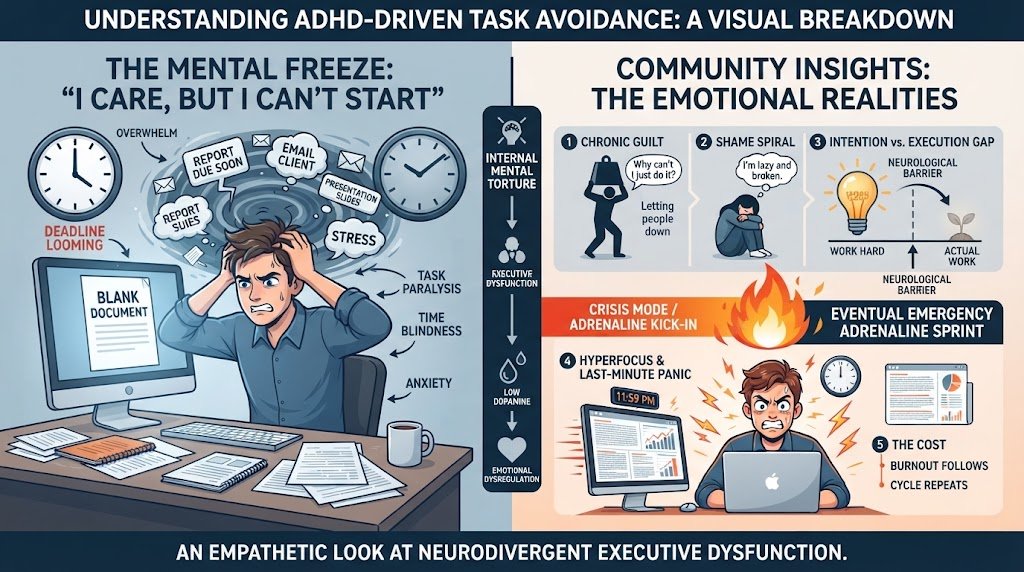 A person sitting at a desk looking overwhelmed and staring at a computer screen, visually representing the emotional reality of ADHD procrastination and task paralysis.
