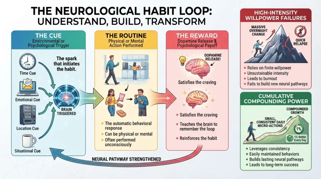 Infographic diagram illustrating the behavioral science habit loop with cue, routine, and reward phases for forming good habits.