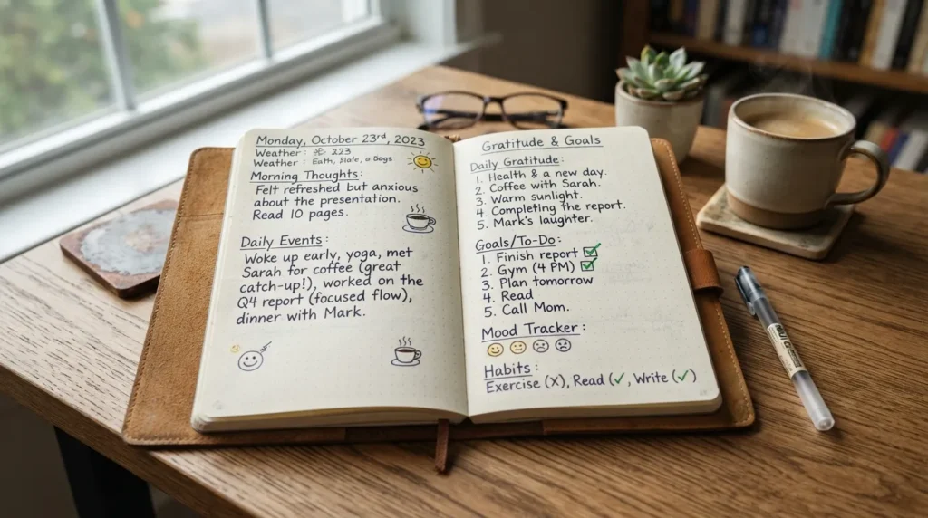 Open journal with a pen displaying handwritten notes, prompts, and daily reflections on a clean wooden desk.