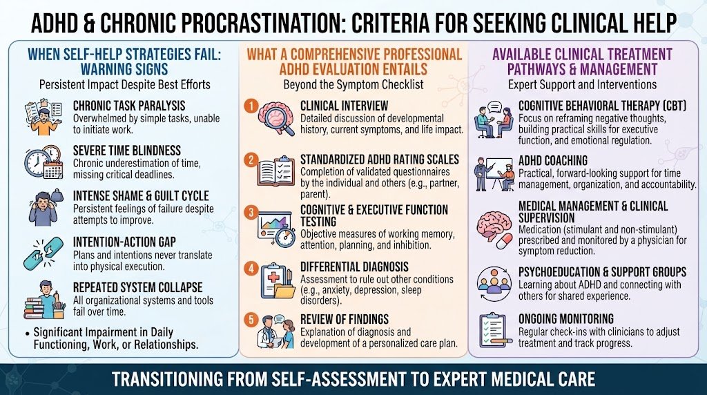 Clinical consultation session discussing professional ADHD evaluation and chronic procrastination treatment options.