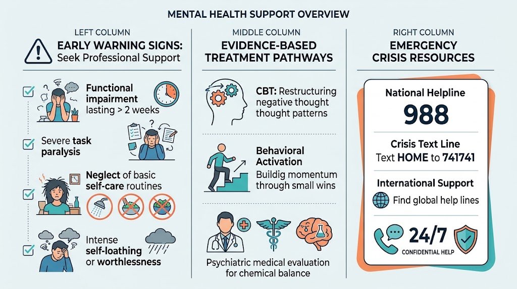 A visual guide detailing warning signs of depression-driven procrastination, evidence-based therapy options, and emergency crisis support resources.