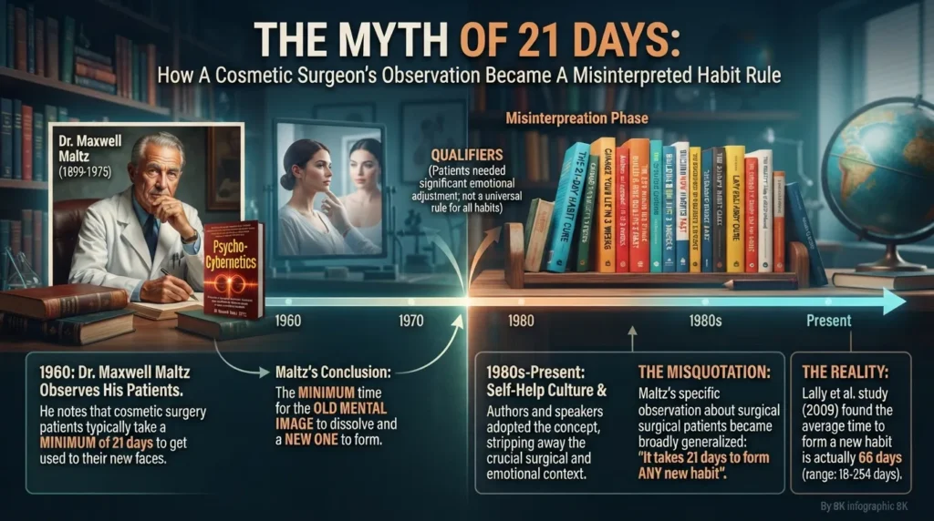 Infographic timeline illustrating how Dr. Maxwell Maltz's 1960 observation of cosmetic surgery patients turned into the 21-day habit myth