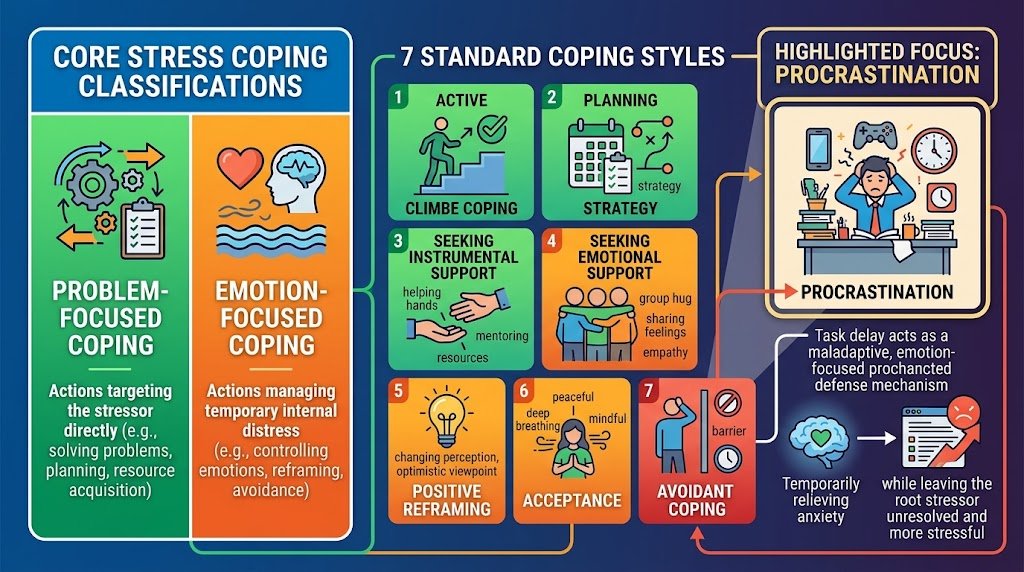 Diagram classifying procrastination as an avoidant emotion-focused coping mechanism among seven distinct psychological stress responses.