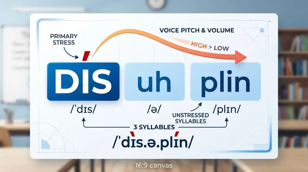 Infographic showing the syllable stress pattern for discipline with the primary stress on the first syllable DIS