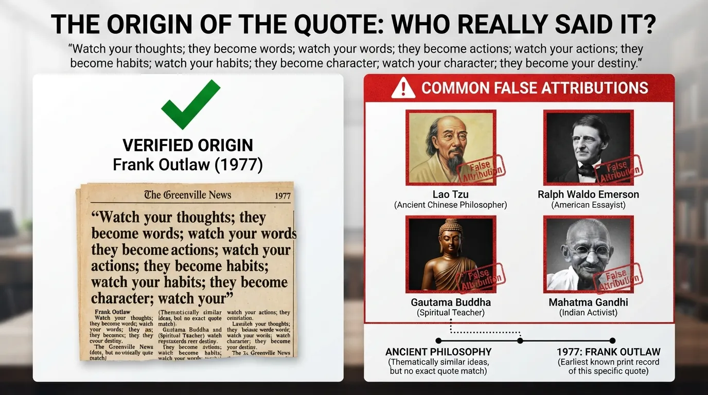 A side-by-side comparison graphic showing Frank Outlaw as the verified origin of the habits become character quote alongside false attributions to Lao Tzu, Gandhi, and Emerson.