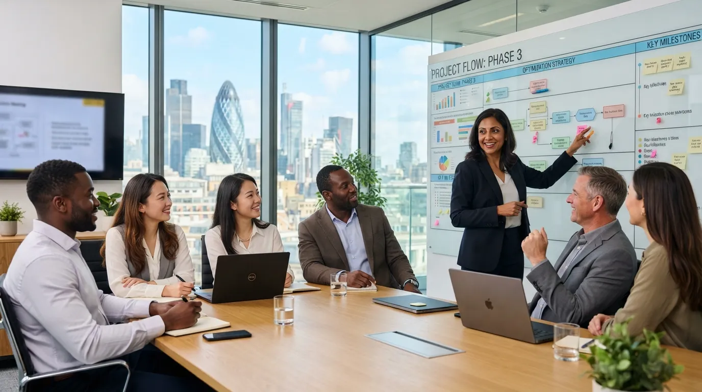 Professional team collaborating in a modern office meeting room, highlighting workplace accountability, trust, and shared project ownership.