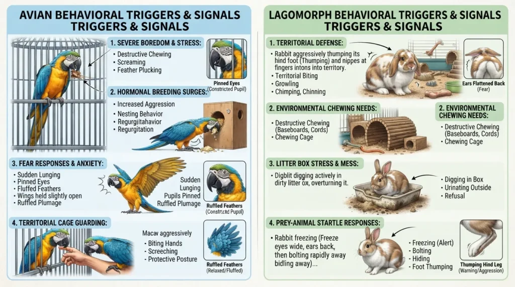 An informational infographic breaking down the core environmental, hormonal, and fear-based triggers behind misbehavior in pet birds and rabbits.