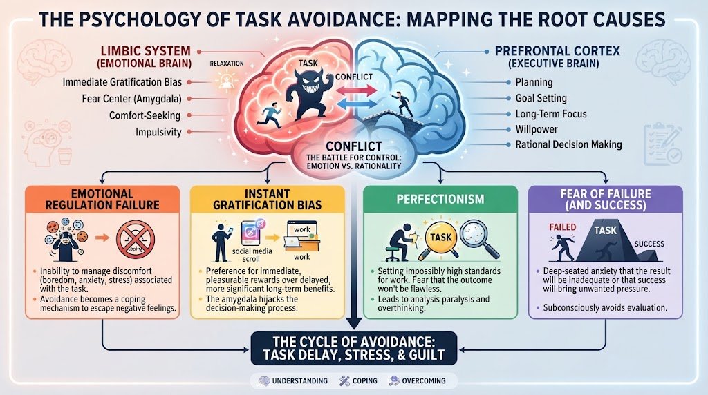 A psychological infographic explaining the core causes, emotional triggers, and neurological reasons behind why people procrastinate.