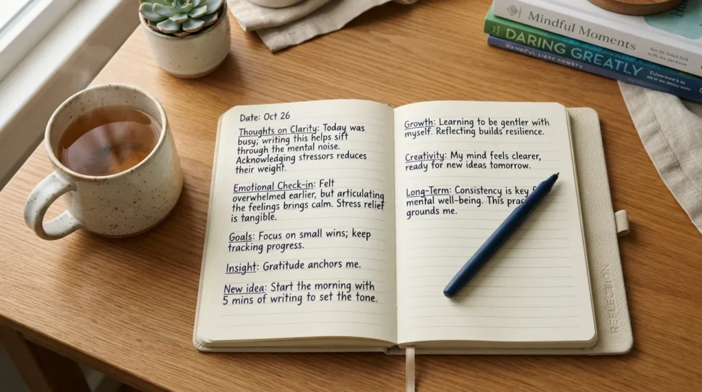 Flat lay photo of various journaling styles including a gratitude notebook, bullet journal layout, and mental health reflection log.