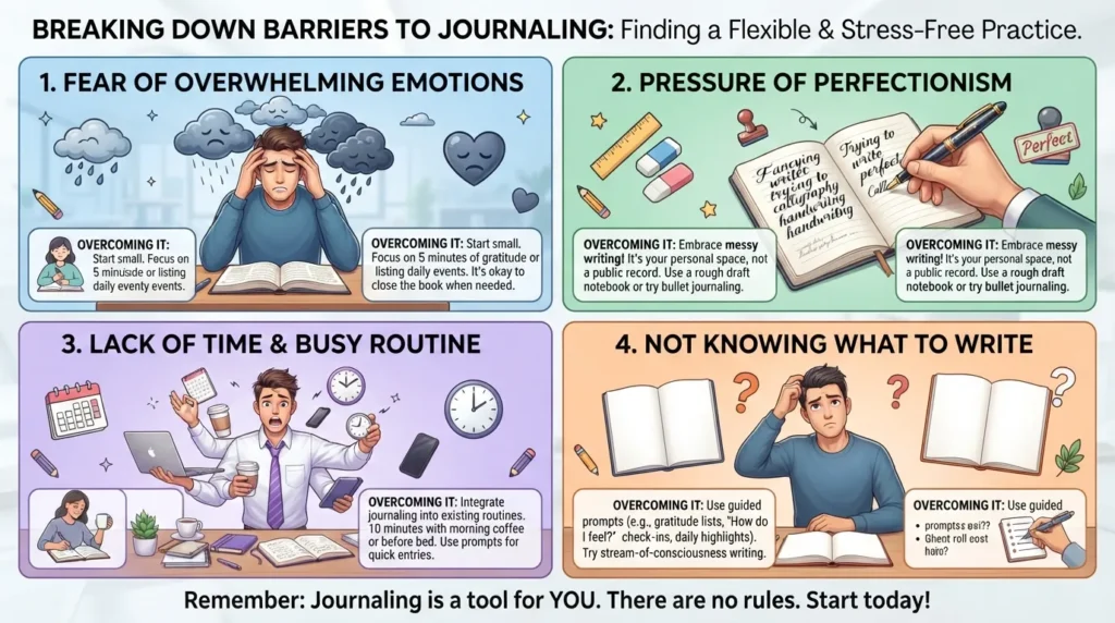 A person looking thoughtfully at a blank notebook while feeling overwhelmed, representing why some people avoid journaling.