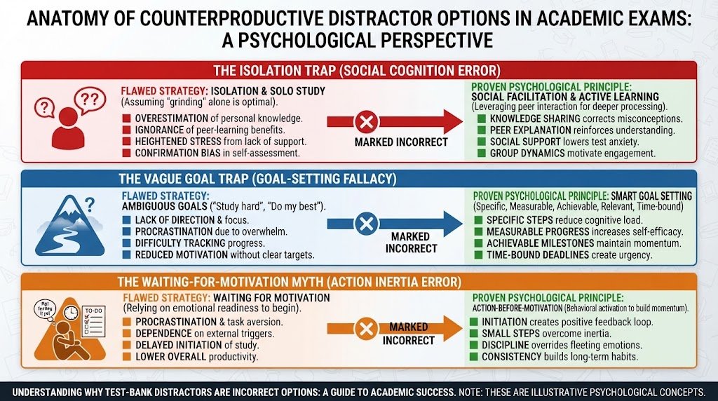 An educational infographic explaining the psychological traps behind counterproductive "except" answers in multiple-choice procrastination assessments.