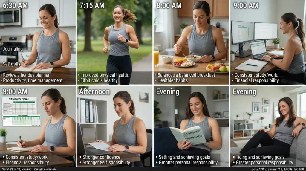 Visual showing how discipline supports goal achievement, productivity, health, confidence, stress management, and daily self-control