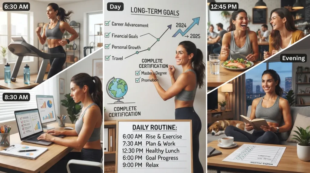 Visual showing the benefits of self-discipline, including better focus, productivity, goal achievement, confidence, health, and reduced stress