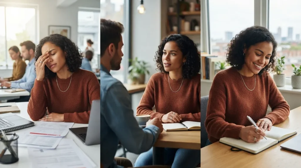 Person practicing emotional regulation while managing stress, communicating calmly, making thoughtful decisions, and maintaining healthy relationships