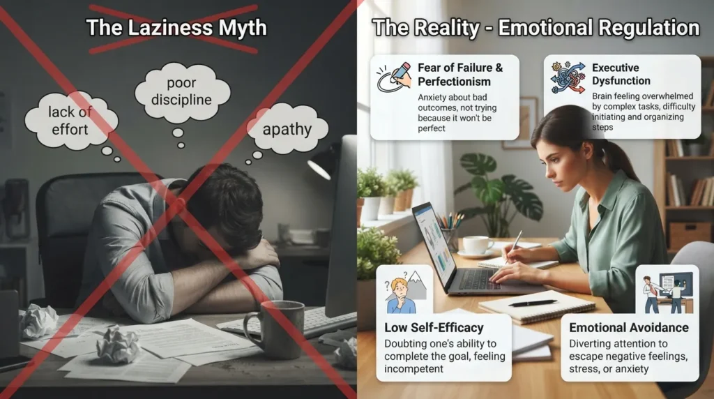 A real photo of a person sitting at a desk looking at a laptop with a split visual layout showing task avoidance factors including emotional overload, fear of failure, and executive dysfunction instead of laziness.