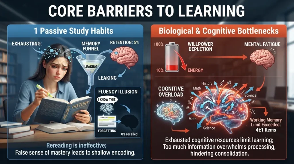Infographic comparing passive rereading to active learning methods and brain fatigue factors