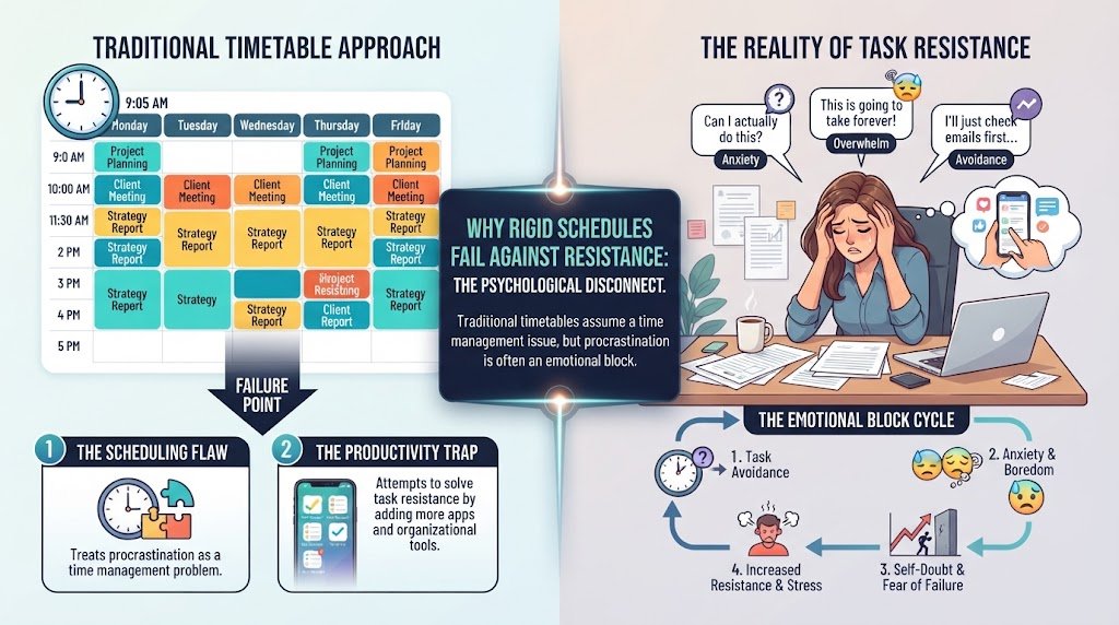 An infographic contrasting traditional time management schedulers with the emotional stress and avoidance behavior underlying procrastination.