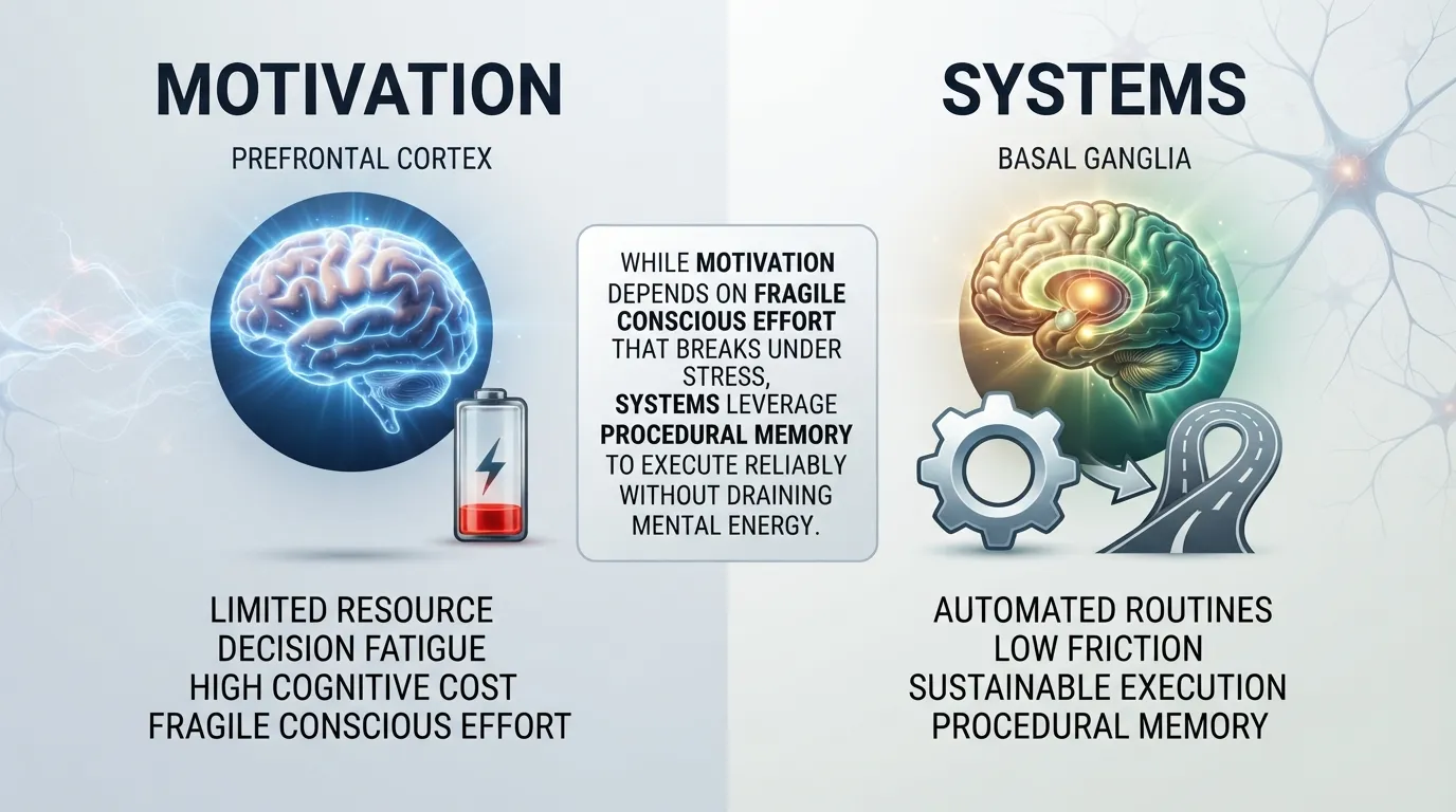 Infographic comparing motivation driven by the prefrontal cortex versus automated systems driven by the basal ganglia, showing how willpower fatigues while consistent habit systems endure.
