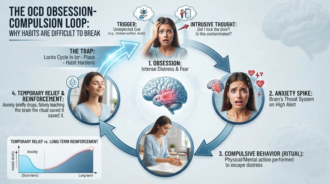 Infographic showing the cyclic nature of OCD, explaining why habits and compulsions are hard to break through the obsession-compulsion loop and brain threat response.
