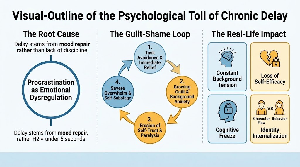 Infographic showing how chronic procrastination creates a guilt-shame cycle, leading to background anxiety, lost self-trust, task paralysis, and burnout.