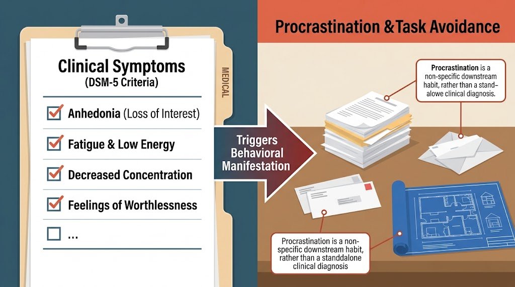 Informational diagram contrasting DSM-5 diagnostic symptoms of depression with behavioral consequences like procrastination, showing how low energy and executive dysfunction lead to task avoidance.