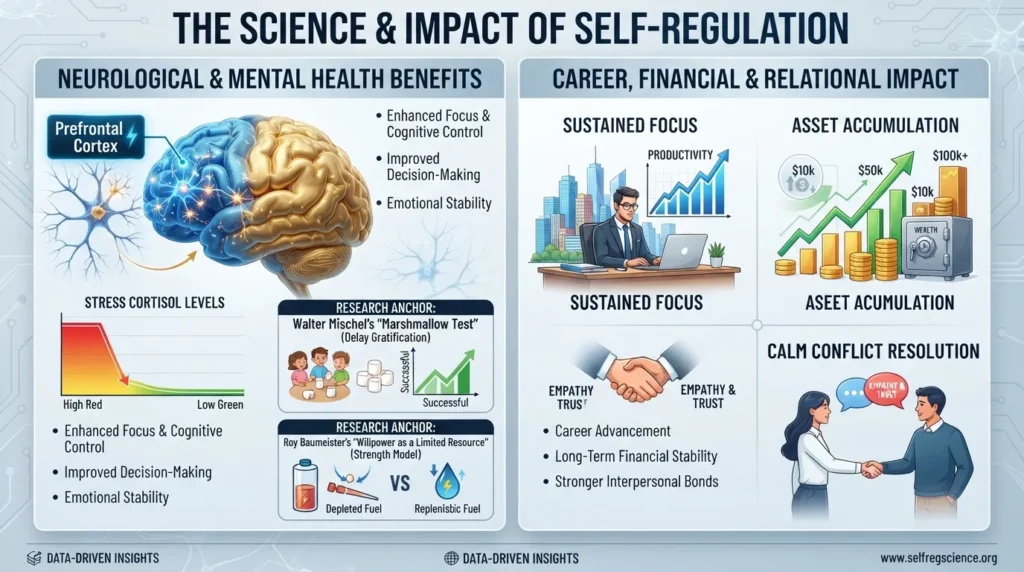 Infographic illustrating the science-backed benefits of self-control on mental health, emotional regulation, and long-term success