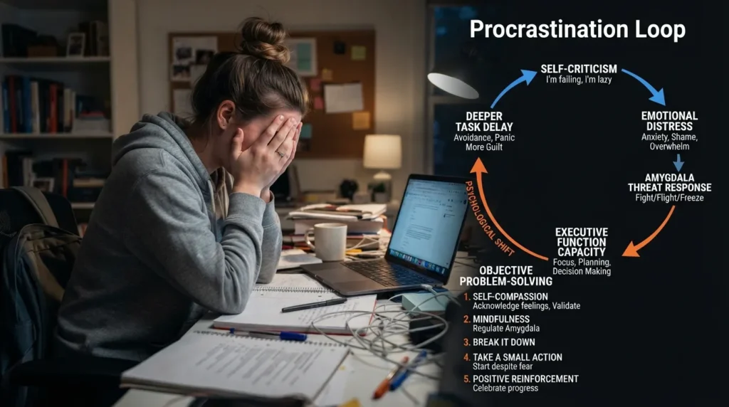 Frustrated person staring at a laptop screen surrounded by a cyclical chart showing how self-criticism leads to emotional avoidance and more procrastination