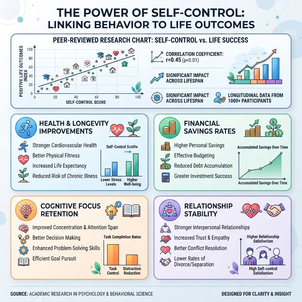 Infographic displaying research data and key benefits of self discipline, including health, financial stability, and cognitive focus.