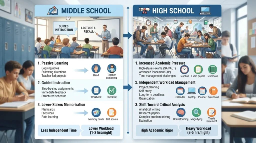 Infographic comparing middle school passive learning versus high school autonomous study demands, heavy workloads, and academic pressure.